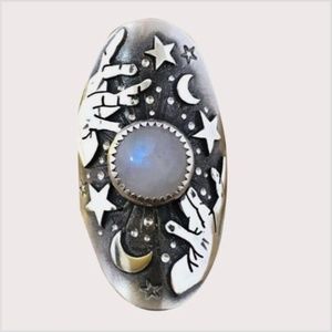 Star, Moon & Magician Hand Pattern White Center Stone Silver Ring